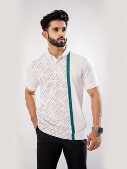 ROYALTAIL - White Printed Stylish Collar Neck Half Sleeves Premium Cotton Polo T-shirt For Men