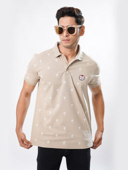 ROYALTAIL - Beige Printed Stylish Collar Neck Half Sleeves Premium Cotton Polo T-shirt For Men