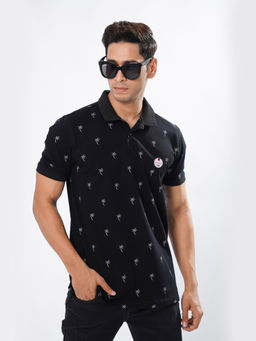 ROYALTAIL - Black Printed Stylish Collar Neck Half Sleeves Premium Cotton Polo T-shirt For Men