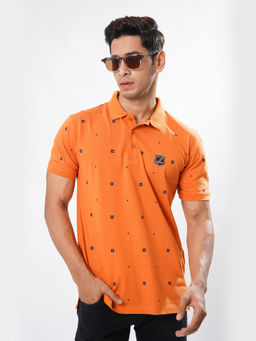 ROYALTAIL - Orange Printed Stylish Collar Neck Half Sleeves Cotton Polo T-shirt For Men