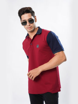 ROYALTAIL - Maroon & Blue Colorblock Design Collar Neck Half Sleeves Premium Cotton Polo T-shirt