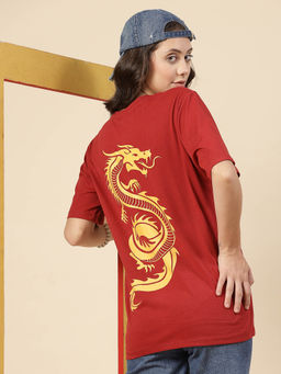 RIGO - Women Maroon Jersey Oversized Graphic T-shirt