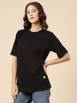 RIGO - Women Black Jersey Oversized Graphic T-shirt