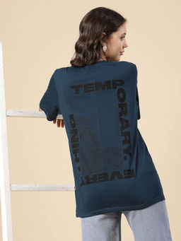 RIGO - Women Teal Jersey Oversized Printed T-shirt