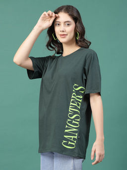 RIGO - Women Bottle Green Jersey Oversized Graphic T-shirt