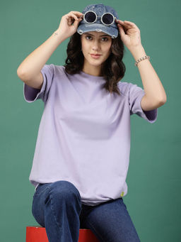 RIGO - Women Light Lavender Terry Oversized Printed T-shirt