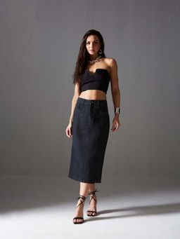 Miss Chase - Women Black Regular-Fit High-Rise Clean-Look Denim Midi Skirt