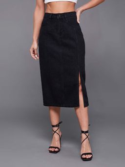 Miss Chase - Women Black Flared-Fit High-Rise Stretchable Denim Midi Skirt