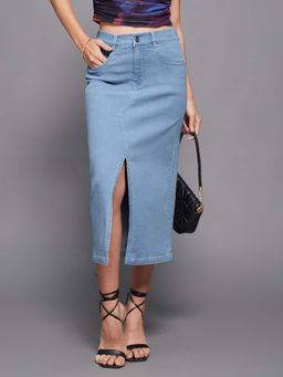 Miss Chase - Women Light Blue Straight Fit High Rise Stretchable Denim Midi Skirt