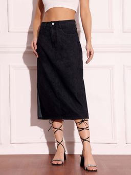 Miss Chase - Women Black Straight High Rise Clean Look Stretchable Denim Midi Skirt