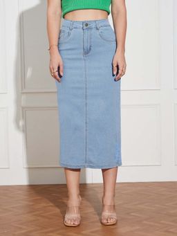 Miss Chase - Women Light Blue Straight High Rise Midi Stretchable Denim Skirt
