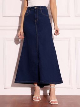 Miss Chase - Women Dark Blue Flared High-Rise Clean-Look Stretchable Denim Maxi Skirt