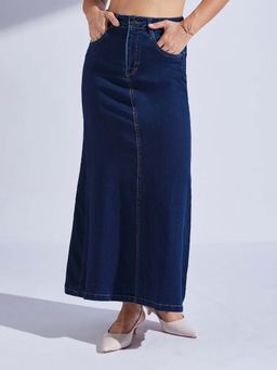 Miss Chase - Women Dark Blue Regular High-Rise Clean-Look Stretchable Denim Maxi Skirt