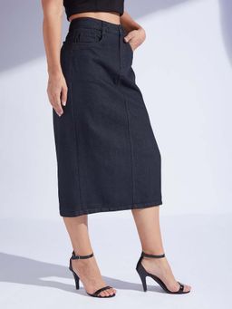 Miss Chase - Women Black Straight-Fit High-Rise Clean-Look Denim Midi Skirt