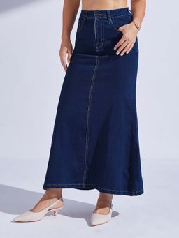 Miss Chase - Women Dark Blue Flared High-Rise Clean-Look Stretchable Denim Maxi Skirt