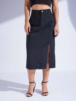Miss Chase - Women Black Straight-Fit High-Rise Stretchable Denim Midi Skirt
