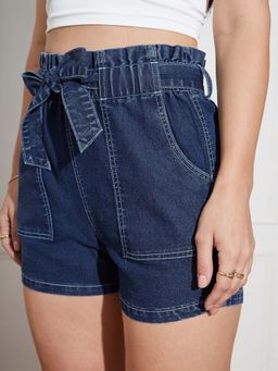 Miss Chase - Women Blue High Rise Denim Shorts with Belt