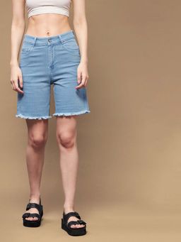Miss Chase - Women Light Blue Regular High Rise Denim Shorts