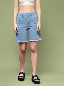 Miss Chase - Women Light Blue Regular High Rise Above Knee Denim Shorts