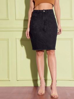 Miss Chase - Women Black Bodycon High Rise Clean Look Knee Denim Skirt