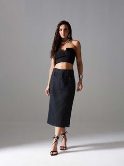 Miss Chase - Women Black Straight-Fit High-Rise Stretchable Denim Midi Skirt