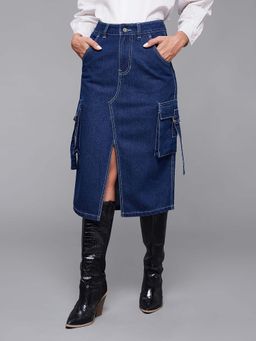 Miss Chase - Women Navy Blue Straight High Rise Clean Look Midi Denim Skirt
