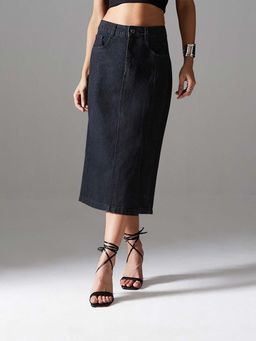 Miss Chase - Women Black Relaxed-Fit High-Rise Clean-Look Denim Midi Skirt