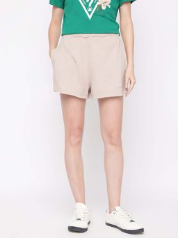 Guess - Women Beige Solid High Rise Regular Fit Shorts