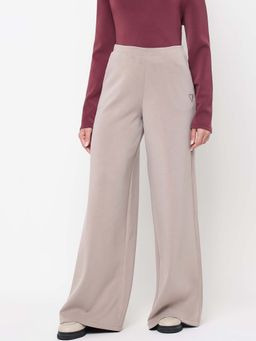 Guess - Olympe Silk Beige Solid High Rise Regular Fit Wide Leg Pant