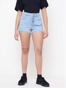 Guess - Mom Blue Solid High Rise Regular Fit Denim Shorts