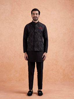 KISAH - Men Black Floral Mid Length Kurta and Pant with Nehru Jacket