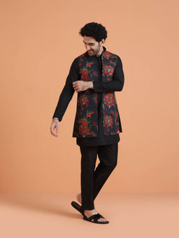 KISAH - Men Mid Black Silk Blend Solid Textured Kurta