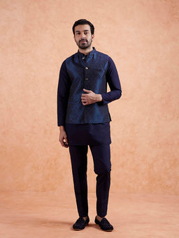 KISAH - Men Navy Blue embroidered Mid Length Kurta and Pant with Nehru Jacket
