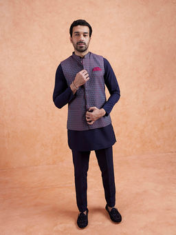 KISAH - Men Navy Blue Mid Length Kurta and Pant with Nehru Jacket
