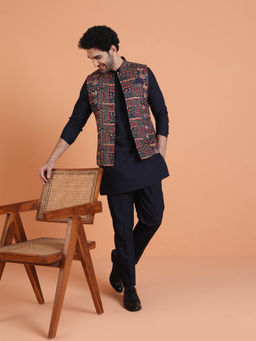 KISAH - Men Navy Blue Printed Long Jacket