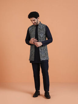 KISAH - Men Navy Blue Cotton Silk Kurta and Pant with Front Jacket