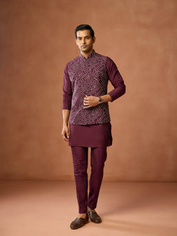 KISAH - Men Wine Cording Mid Length Kurta and Pant with Jacket