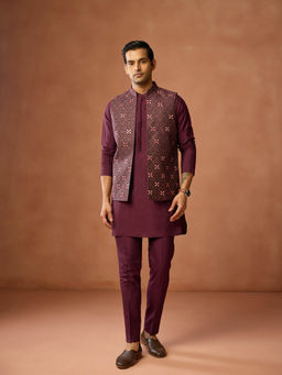 KISAH - Men Purple Bandhani Mid Length Kurta Front Open Jacket Pant