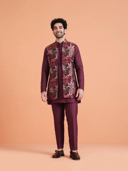 KISAH - Men Wine Floral Mid Length Kurta and Trouser with Front Open Long Jacket