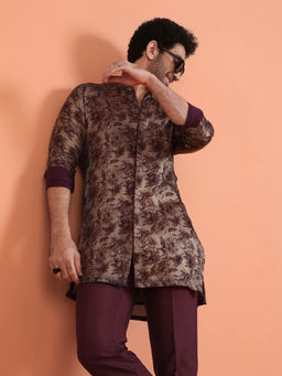 KISAH - Men Wine Art Silk Floral Printed Mid Kurta