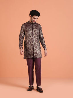 KISAH - Men Wine Art Silk Front Open Mid Length Kurta Pant