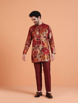 KISAH - Men Red Art Silk Mid Floral Printed Ethnic Kurta and Pant
