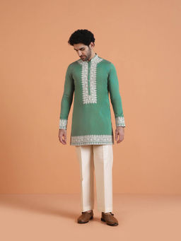 KISAH - Men Green Cording Mid Length Kurta Wide Leg and Pant