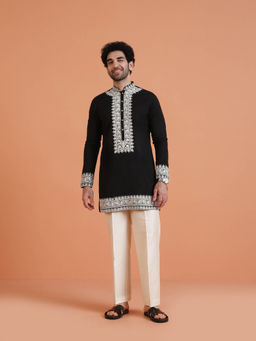 KISAH - Men Black Embroidered Kurta with Cream Pant