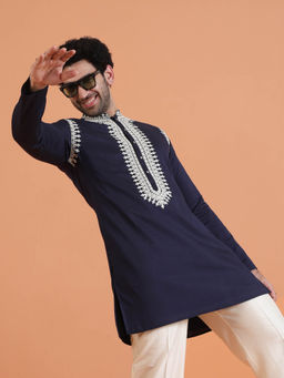 KISAH - Men Navy Blue Cotton Silk Traditional Ethnic Wear Kurta