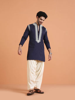 KISAH - Men Navy Blue Embroidered Kurta with White Patiala