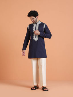 KISAH - Men Navy Blue Embroidered Mid Length Kurta and Trouser