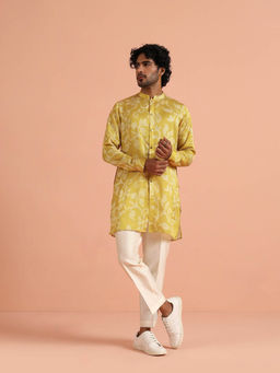 KISAH - Men Yellow Floral Front Open Mid Length Kurta and Pant
