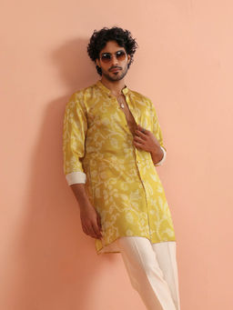KISAH - Men Yellow Floral Front Open Mid Kurta