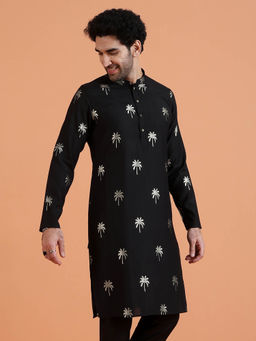 KISAH - Men Black Cotton Silk Printed Kurta